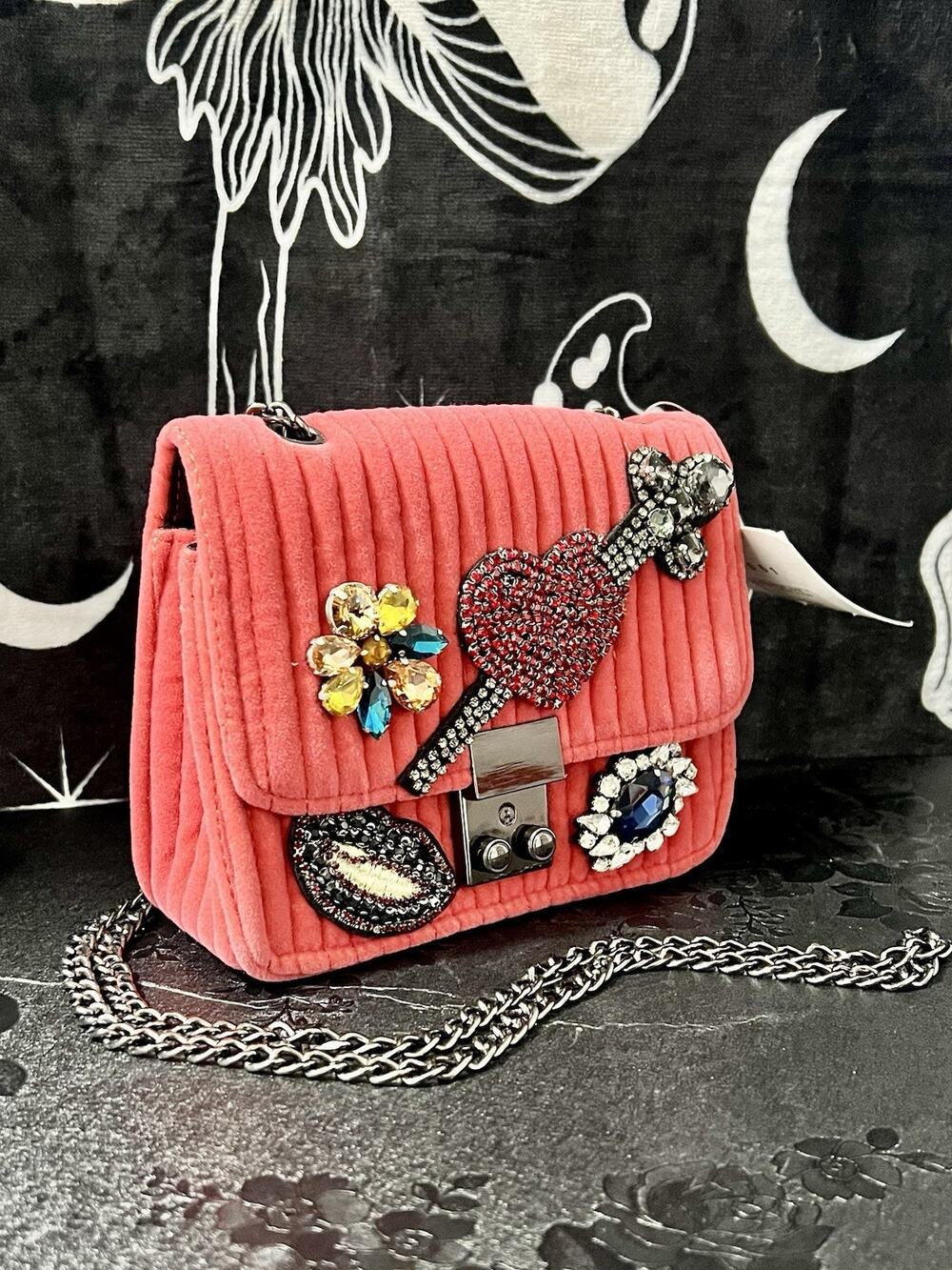 Coral Velvet Jeweled Guitar Crossbody Purse Rhinestone Embellished Chain Strap